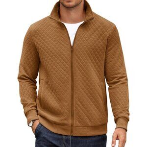 COOFANDY Men Light Brown Zip Up Mock Neck Quilted Lightweight Sweater Jacket